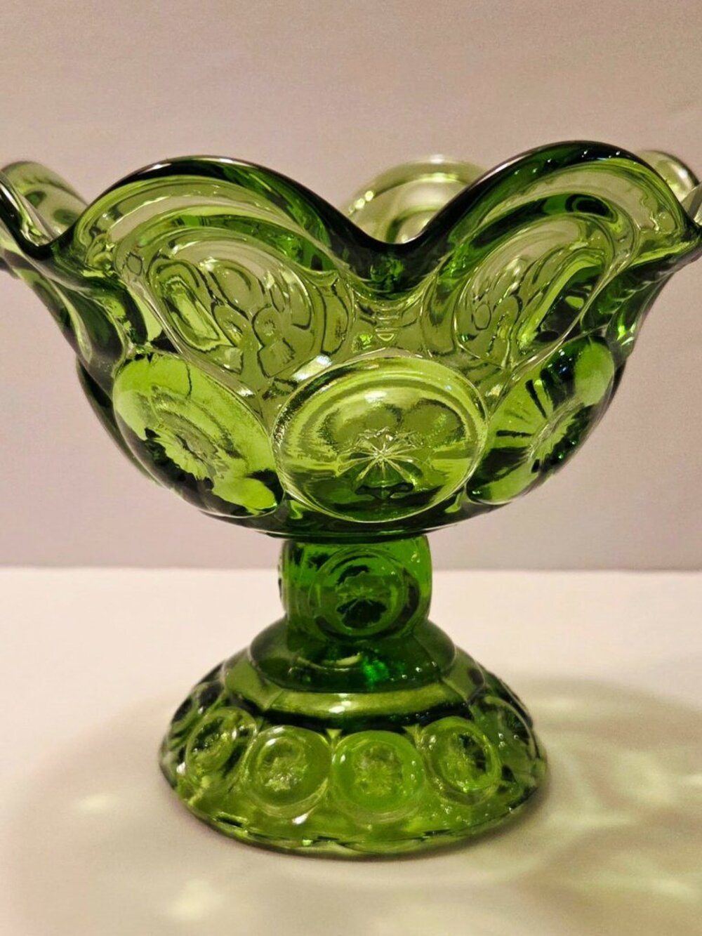 Vintage L.E. Smith Green Glass Compote Dish in the "Moon and Stars" Pattern